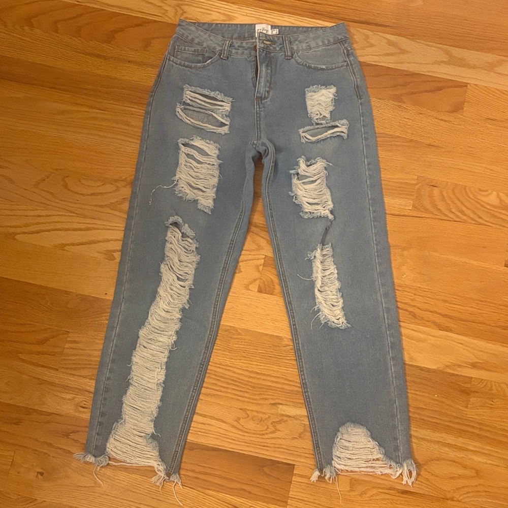 Princess Polly Ripped Blue Straight Leg Jeans